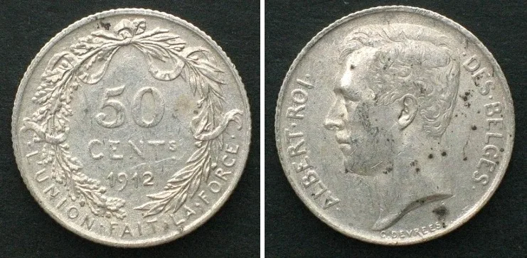 1912 BELGIUM 50 Centimes 1912 - FRENCH - ALBERT I, silver, AU! UNC-