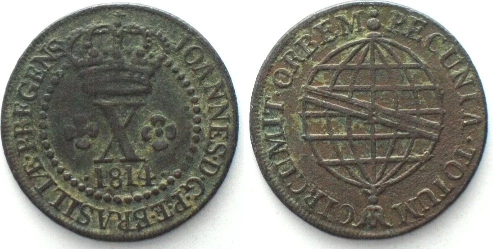 1814 BRAZIL. 10 Reis 1814 R, JOAO, copper KEY DATE! XF EF