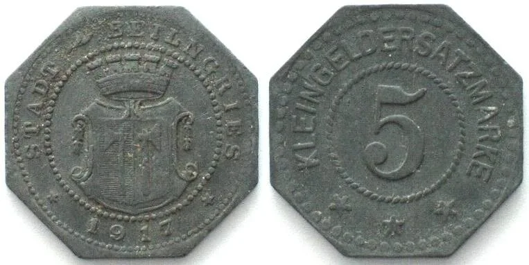 1917 Germany BEILNGRIES (Bavaria) 5 Pfennig 1917, NOTGELD, zinc XF EF
