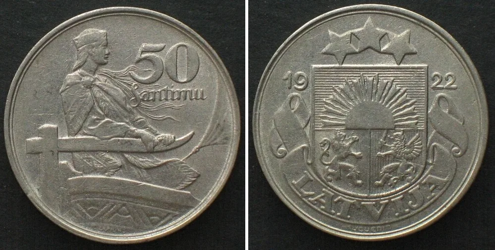 1922 LATVIA. 50 Santimu 1922 nickel AU