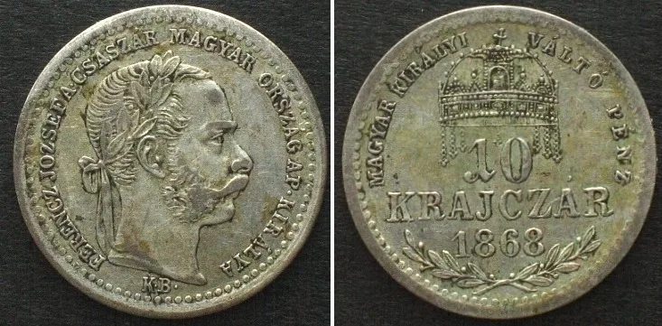 1868 HUNGARY. 10 Krajczar 1868 KB, FRANZ JOSEPH I, silver AU! Early strike specimen AU