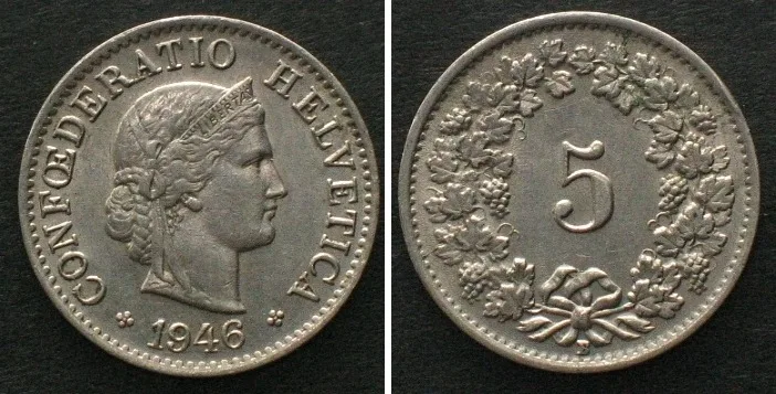 1946 SWITZERLAND 5 Rappen 1946 Cu-Ni UNC!