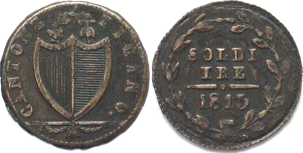 1813 Swiss TICINO 3 Soldi 1813 no mint mark billon SCARCE! AU!