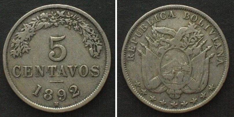 1892 BOLIVIA. 5 Centavos 1892 H, Cu-Ni VF