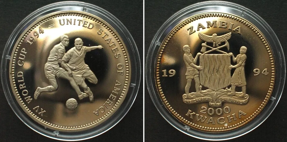 1994 ZAMBIA 2000 Kwacha 1994 WORLD CUP SOCCER, Cu-Ni Proof