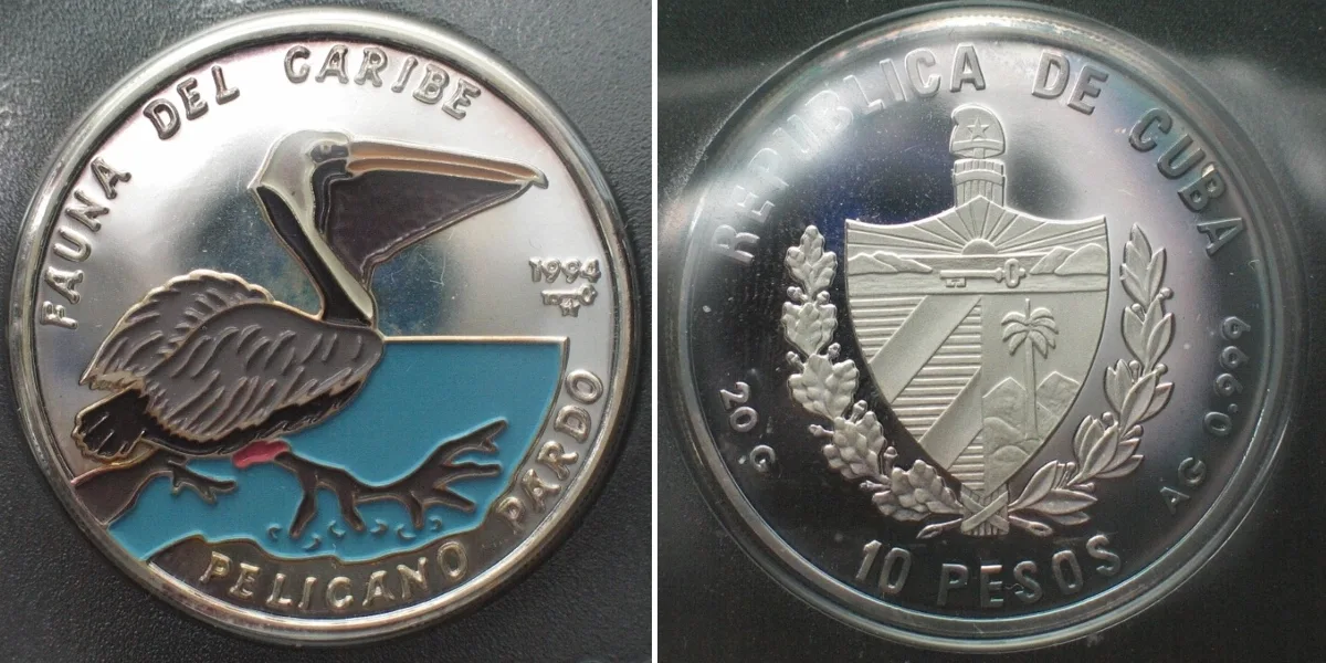 1994 CUBA 10 Pesos 1994 Pelican CARIBBEAN FAUNA silver COLORED Proof