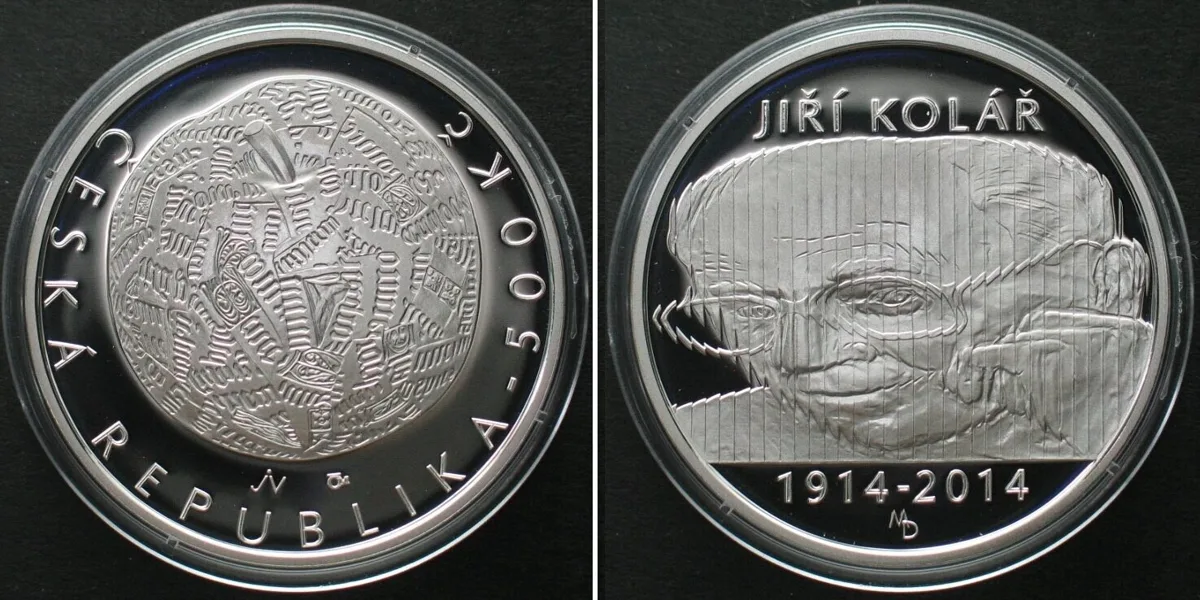 500 Kronen 2014 CZECH REPUBLIC. 500 Korun 2014, JIRI KOLAR, silver, Proof
