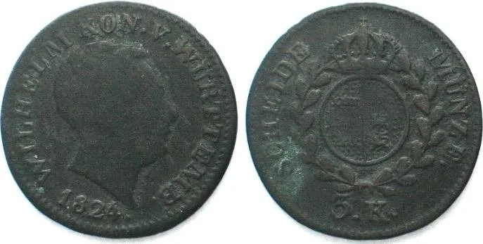 1824 German States WURTTEMBERG 3 Kreuzer 1824, WILHELM I, billon aVF VF-