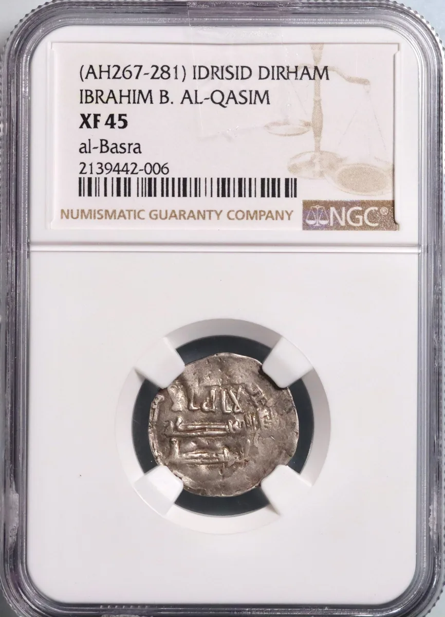 Idrisid: Ibrahim ibn al-Qasim (880-899), silver dirham, al-Basra (in Morocco) mint. NGC XF45. Extremely rare.