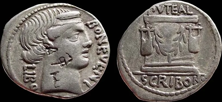 AR Denarius of L. Scribonius Libo 62 BC., Lightning strikes the Forum