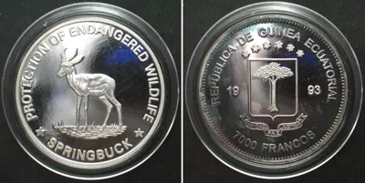 1993 EQUATORIAL GUINEA 7000 Francos 1993 SPRINGBUCK silver Proof SCARCE! Proof
