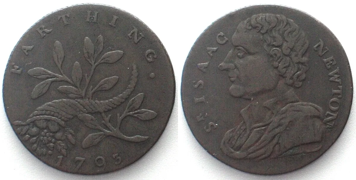1793 MIDDLESEX 1793 Farthing Token SR. ISAAC NEWTON copper VF+