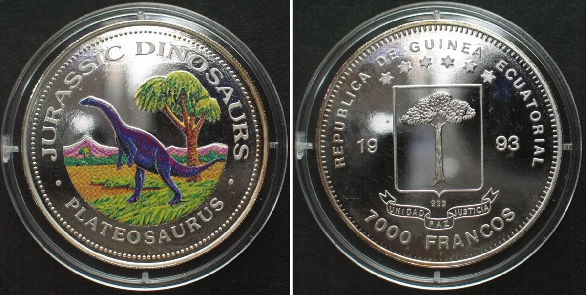 1993 EQUATORIAL GUINEA 7000 Francos 1993 Plateosaurus DINOSAURS silver COLORED Proof