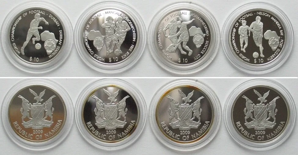 2009 NAMIBIA. Complete Set 4 x 10 $ 2009 FOOTBALL WORLD CHAMPIONSHIP silver RARE! Proof