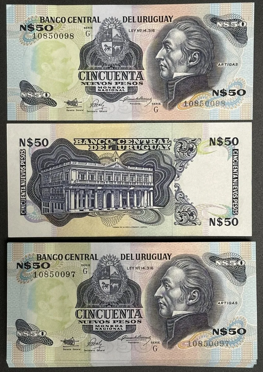 1989 URUGUAY 99 x 50 Pesos 1989 Series G, Artigas UNC, CONSECUTIVE SERIAL NUMBERS UNC