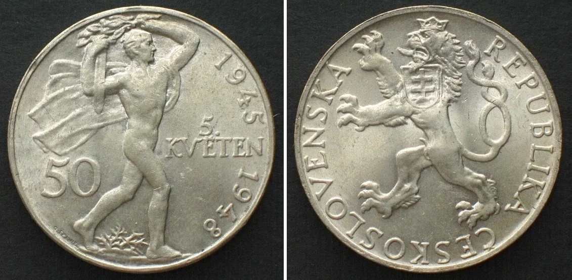 1948 CZECHOSLOVAKIA 50 Korun 1948, 3th ANN. of PRAGUE UPRISING, silver BU!
