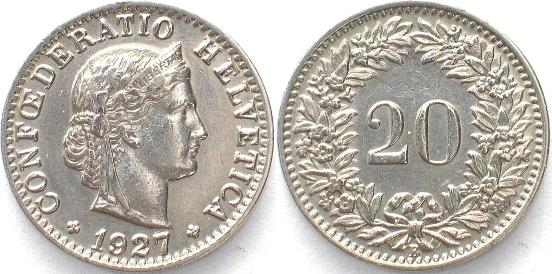 1927 SWITZERLAND 20 Rappen 1927 nickel UNC!