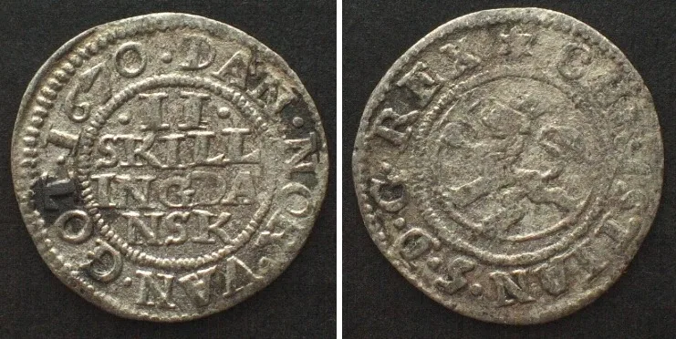 1670 NORWAY. 2 Skilling 1670, CHRISTIAN V of DENMARK silver RARE! XF EF