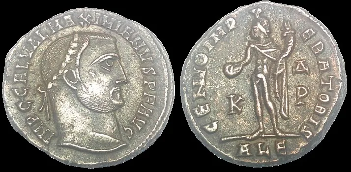 GALERIUS (Struck 308–310 AD) AE Silvered 23.5mm, 7.15g. Follis. ALEXANDRIA Mint (Silvered, Toned)