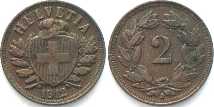 1912 SWITZERLAND 2 Rappen 1912 Bronze XF!
