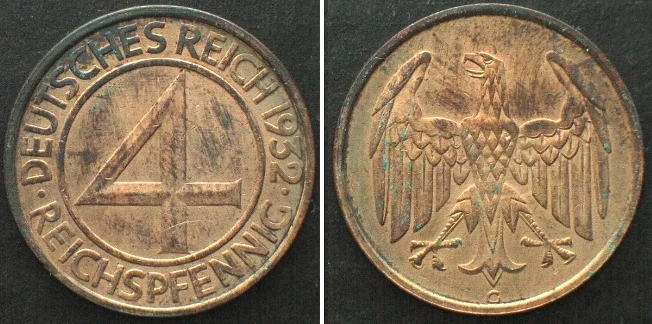 4 Reichspfennig 1932 Germany WEIMAR REPUBLIC 4 Reichsfennig 1932 G bronze UNC-! UNC