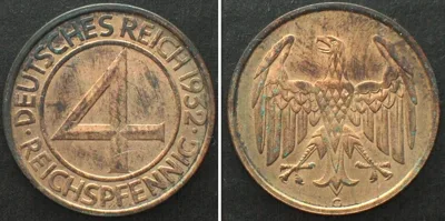 4 Reichspfennig 1932 Germany WEIMAR REPUBLIC 4 Reichsfennig 1932 G bronze UNC-! UNC