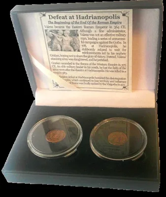 The Battle of Hadrianopolis: Beginning of the End of Rome: Box of 2 Roman Bronze Coins (Two-Coin budget Box)