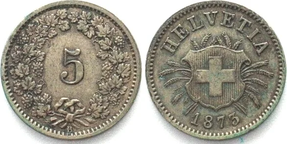 1873 SWITZERLAND 5 Rappen 1873 B billon AU!