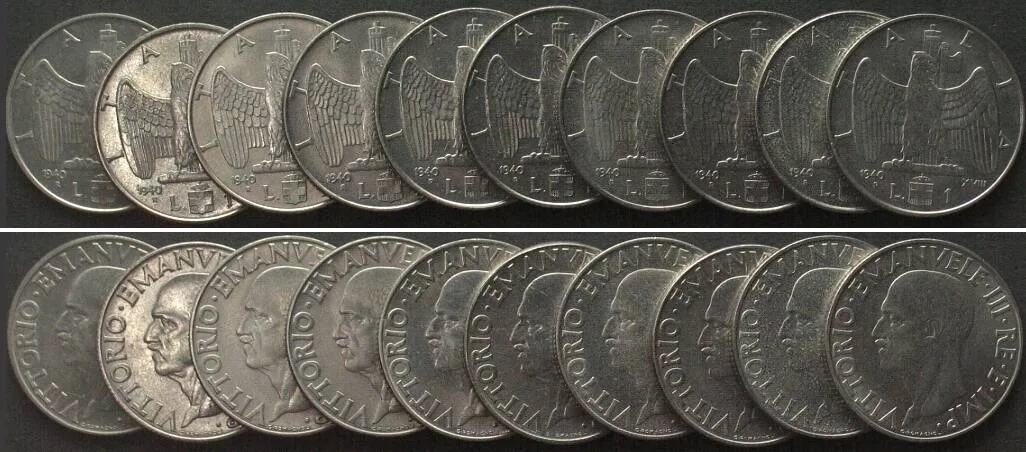 1940 ITALY 10 x 1 Lira 1940 Yr. XVIII, VITTORIO EMANUELE III steel, non-magnetic UNC!