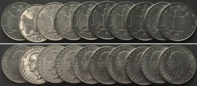 1940 ITALY 10 x 1 Lira 1940 Yr. XVIII, VITTORIO EMANUELE III steel, non-magnetic UNC!