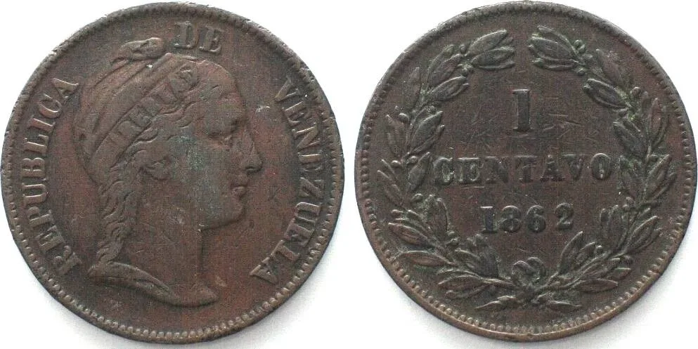 1862 VENEZUELA. 1 Centavo 1862, copper VF+