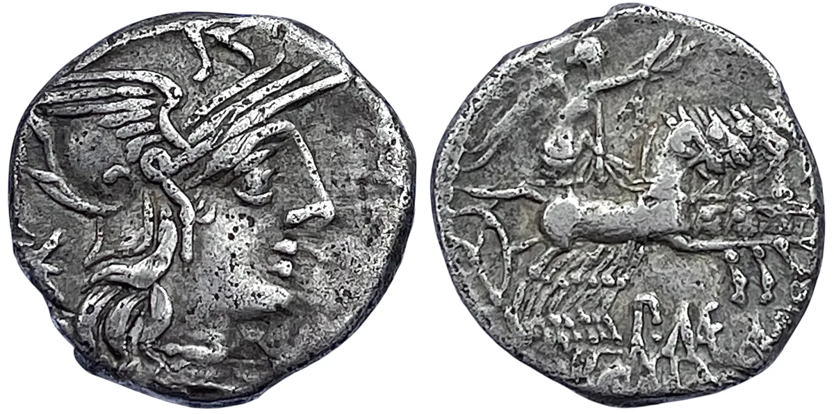 The Roman Republic. P. Maenius Antiaticus M. f. AR Denarius (3.78 g), c. 132 BC. Rome mint.