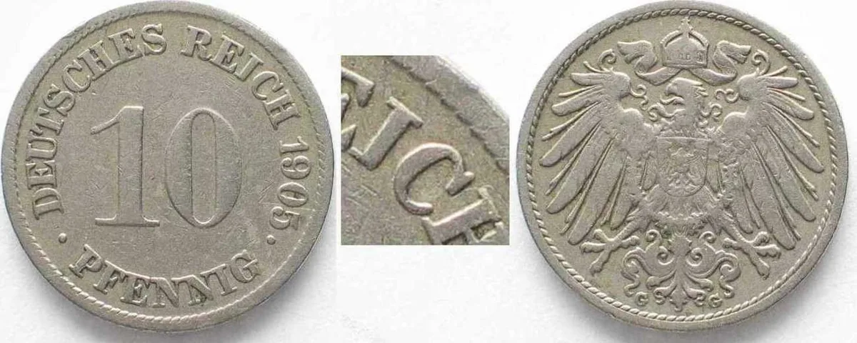 1905 GERMANY 10 Pfennig 1905 G - Error REJCH instead of REICH - RARE! VF