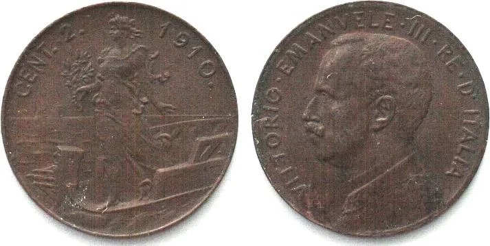1910 ITALY 2 Centesimi 1910 VITTORIO EMANUELE III bronze KEY DATE! AU