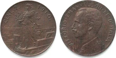 1910 ITALY 2 Centesimi 1910 VITTORIO EMANUELE III bronze KEY DATE! AU