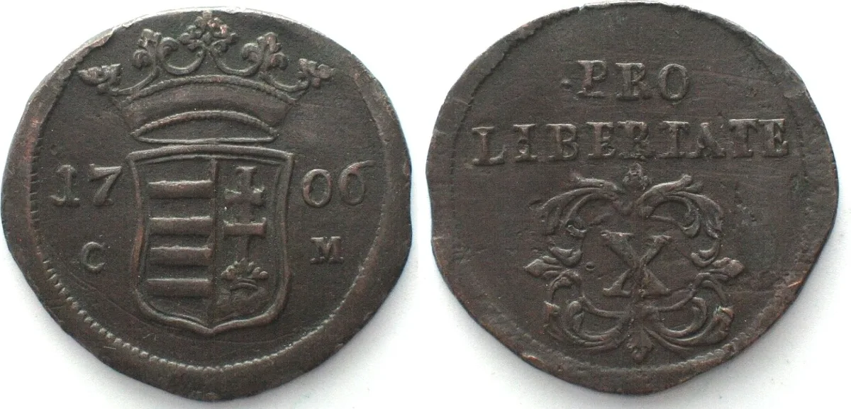 1706 HUNGARY. 10 Poltura 1706 CM, Malcontents, FRANCIS RAKOCZY II, copper XF VF+