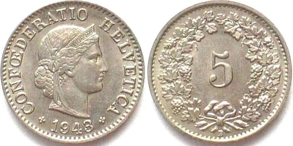 1943 SWITZERLAND 5 Rappen 1943 Cu-Ni UNC!