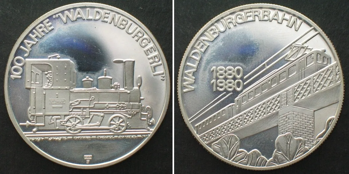 1980 1980 Waldenburgerbahn Railway Centennial, silver, 33mm Proof