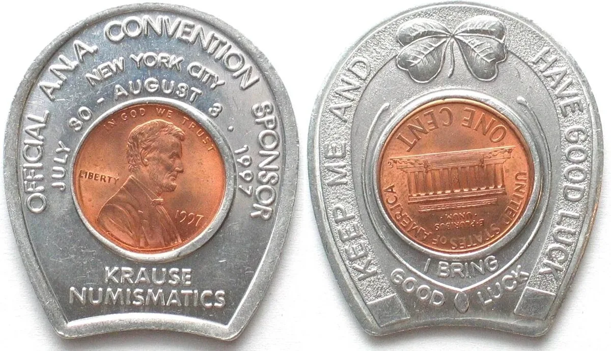 1997 KRAUSE NUMISMATICS 1997 A.N.A. CONVENTION encased Lincoln Cent GOOD LUCK UNC-