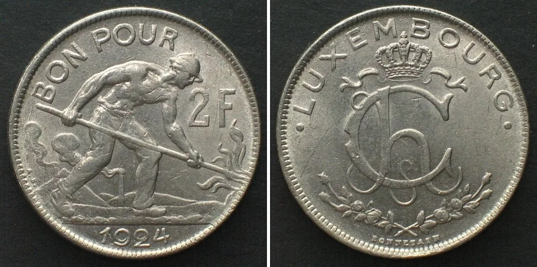 1924 LUXEMBOURG 2 Francs 1924 CHARLOTTE nickel UNC!!!