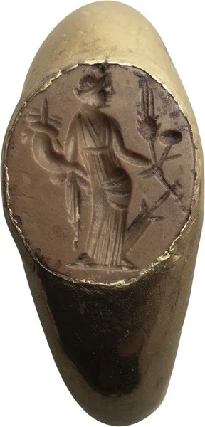 Roman Gold and Yellow Jasper Finger Ring with the Goddess Fortuna-Tyche
