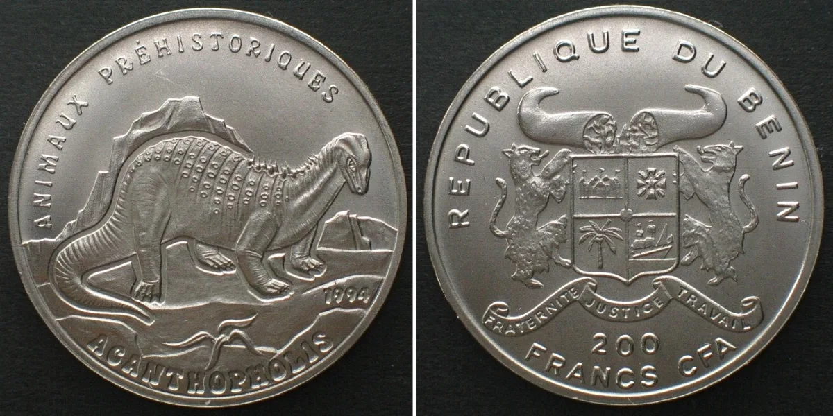 1994 BENIN 200 Francs 1994 Prehistoric Animals ACANTHOPHOLIS Ni plated steel SCARCE! BU