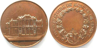 1910 GENEVA Bronze medal ca.1910 MUSIC ACADEMY by Mognetti & Furet bronze 41mm VF+/EF