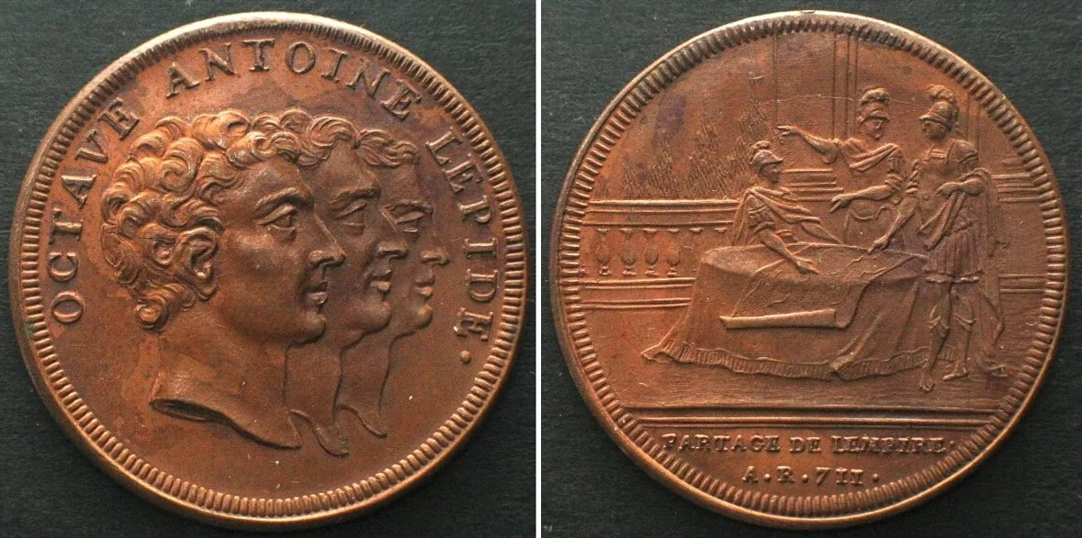 1740-1750 OCTAVIAN, ANTONY, LEPIDUS, 2nd Triumvirate Medal ca. 1750 by Dassier, 32mm UNC!