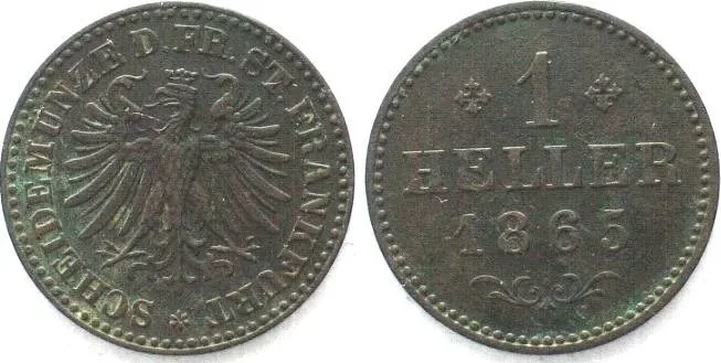 1865 German FRANKFURT City. Heller 1865 copper AU!