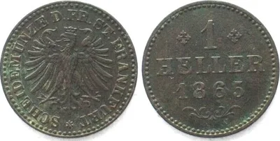 1865 German FRANKFURT City. Heller 1865 copper AU!