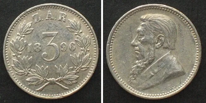 1896 SOUTH AFRICA 3 Pence 1896 KRUGER silver AU! UNC-