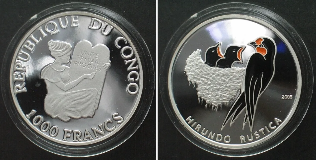 2005 CONGO 1000 Francs 2005 Barn Swallow ENDANGERED WILDLIFE silver Proof RARE!!! Proof