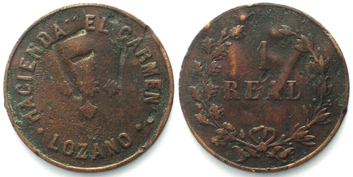 1900 EL SALVADOR. Token 1 Real ND (about 1900) HACIENDA EL CARMEN, LOZANO, copper VF+