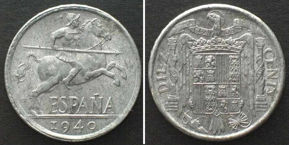 1940 SPAIN. 10 Centimos 1940 PLUS Alu UNC-!